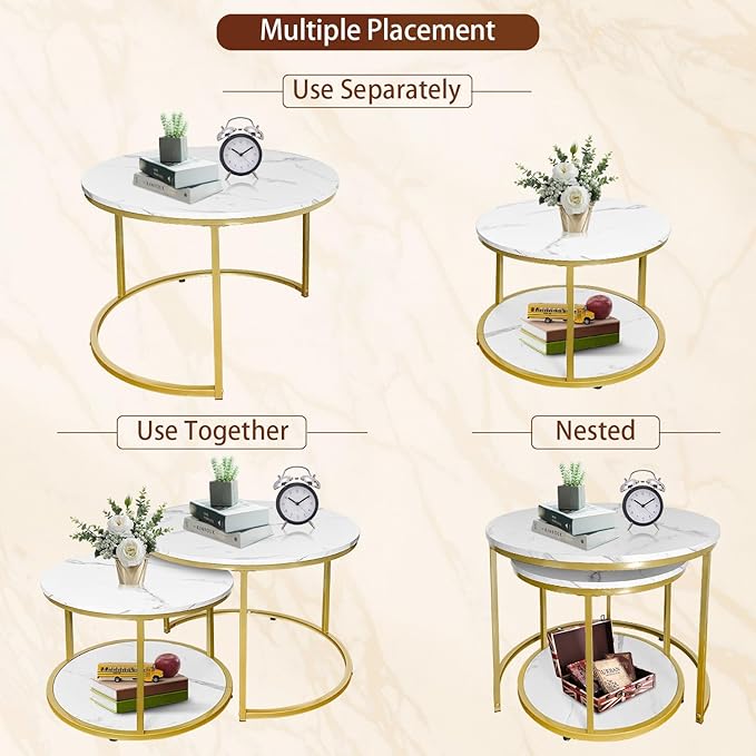 AT-VALY Coffee Table Set of 2 Nesting Tables,Round Side Table for Living Room, Small Accent Table with Storage (Gold)
