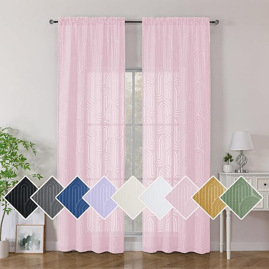 Simplebrand Blush Pink Sheer Curtains 96 Inches Long 2 Panels for Living Room, Jacquard Clip Textured Geometric Mid Century Sheer Curtains, Light Filtering Elegant Long Curtains Sheer, 42" Wx96 L