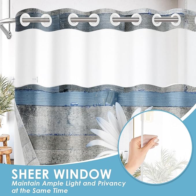 No Hook Blue Daisy and Butterfly Shower Curtain with Snap in Fabric Liner Set, Rustic Farmhouse Double Layers Waterproof Fabric with See Through Top Window Open Grommet Bath Curtain 71x74 Inch