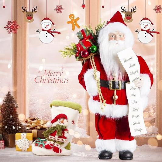 Uten 12" Santa Claus Decorations, Christmas Standing Figurine Ornaments with Blessing Letter and Gifts Bag for New Year Christmas Decoration Navidad Natal Gifts.