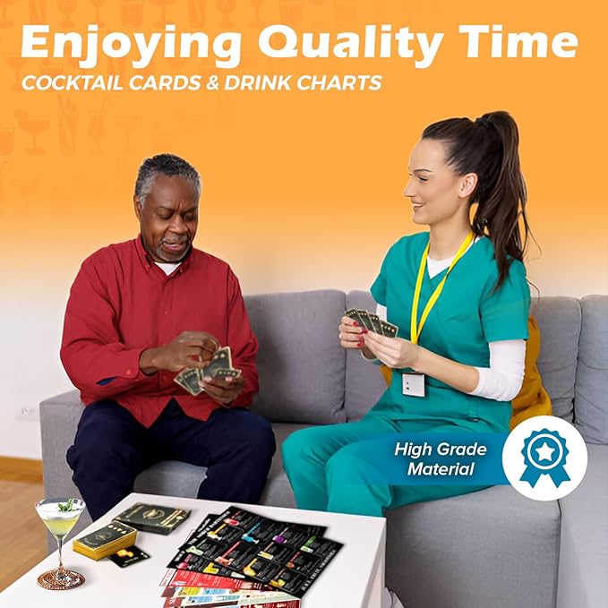 Recipe Mix Drink Kit - 120+ Alcoholic & Non-Alcoholic Cocktails, Bar Kit, Bartender Gift for Men & Women (1PK Black Cards + Charts)