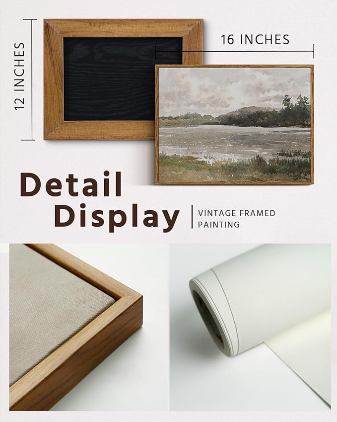 VIYYIEA Vintage Nature Framed Wall Art, Lakeside Landscape Paintings Art Decor Aesthetic, Canvas Print Artwork, Retro Scenery Wall Pictures for Bedroom Bathroom Office 12X16 Inch