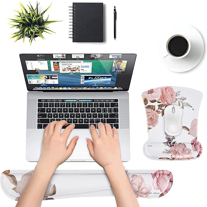 MOSISO Wrist Rest Support for Mouse Pad & Keyboard Set, Peony Ergonomic Mousepad Non-Slip Base Home/Office Pain Relief & Easy Typing Cushion with Neoprene Cloth & Raised Memory Foam, White