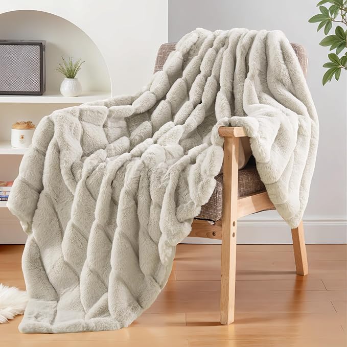 NEXHOME PRO Faux Fur Throw Blanket, Cozy Fluffy Soft Blanket or Couch Sofa Bed Living Room Decorative, Reversible Puffy Thick Warm Blanket for Winter 50"X60" Beige