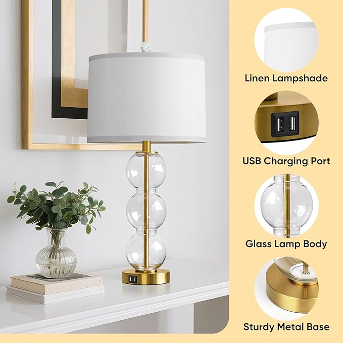 Set of 2 Table Lamps for Living Room Glass Triple-Sphere 27" Tall Table Lamp Contemporary Bedside Desk Nightstand Lamp for Bedroom Living Room Office, Clear Glass/Gold