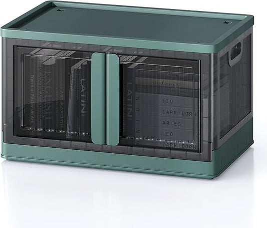 19Gal Collapsible Storage Bins with Lids & Wheels - 1 Pack Stackable with Doors, Heavy-Duty Plastic Containers for Home/Office, Green