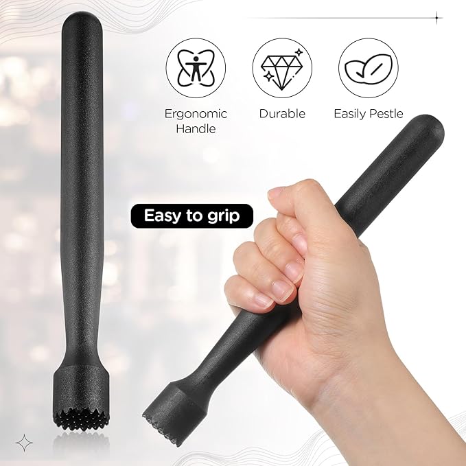 Baderke Muddler for Cocktails Plastic Bar Muddler Bulk 8 Inch Bar Accessories Tools Set for Home Ice Crusher Bartender Accessories Mojito Fruit Drink(Classic,Black,16 Pcs)