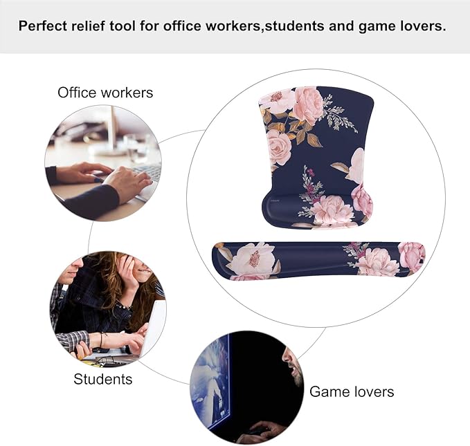 MOSISO Wrist Rest Support for Mouse Pad & Keyboard Set, Peony Ergonomic Mousepad Non-Slip Base Home/Office Pain Relief & Easy Typing Cushion with Neoprene Cloth & Raised Memory Foam, Blue