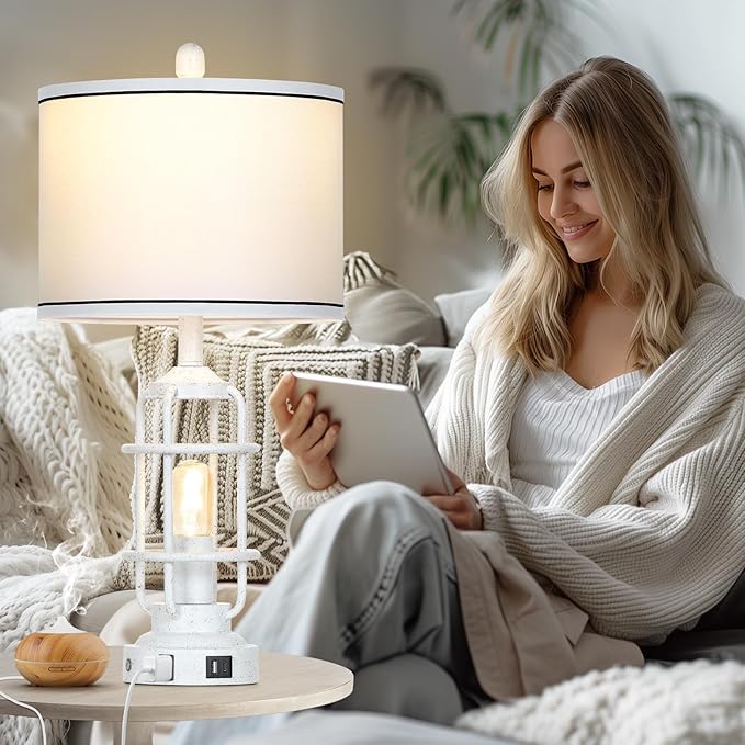 Farmhouse Industrial Lamps with USB A+C Charging Ports & AC Outlet, 3 Way Dimmable Touch Control Vintage Rustic Table lamps for Living Room, White Retro Beside Nightstand Metal Modern Lamp for Bedroom