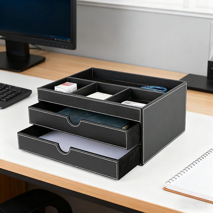 Household Multifunctional Desktop Storage Cabinet, Office file Cabinet Made of Leather, Drawers and Four Separate Organizers, Storage Box on the Bedside Table in the Room (black)