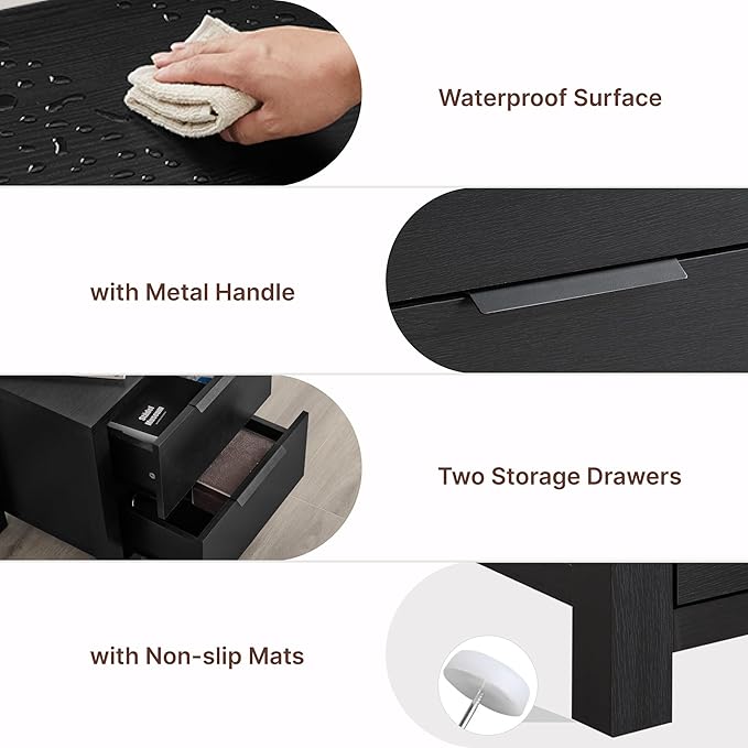 21" Farmhouse Nightstand Set of 2 with Charging Station 2 Drawers Large End Table with Metal Handle Rustic Low Night Stand Wood Dresser for Living Room Bedroom Closet,Black