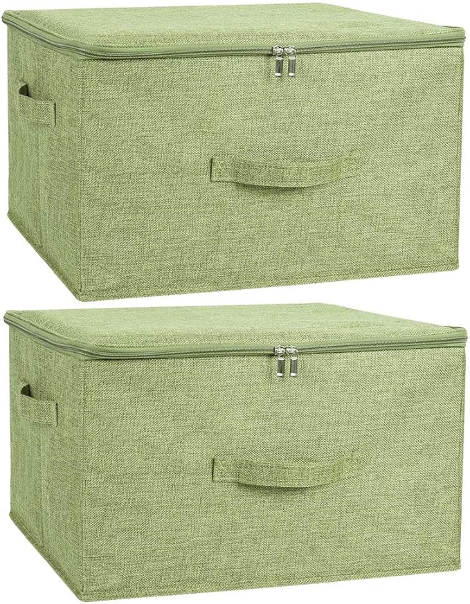 ANMINY 2PCS Storage Bins with Zipper Lids 51.9 Qt Lidded Fabric Storage Boxes Baskets Cubes with Handles Collapsible Washable Cotton Linen Closet Shelf Clothes Organizer - Green, Extra Large