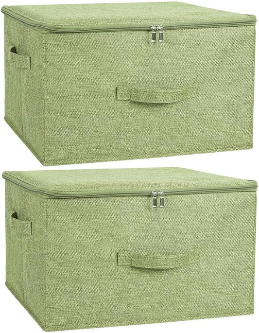 ANMINY 2PCS Storage Bins with Zipper Lids 51.9 Qt Lidded Fabric Storage Boxes Baskets Cubes with Handles Collapsible Washable Cotton Linen Closet Shelf Clothes Organizer - Green, Extra Large