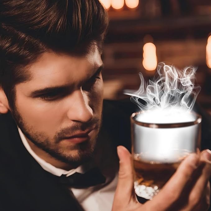 Whiskey Smoker Electric Set Bourbon Gifts for Men Old Fashioned Smoker Drink With 6 Wood Chips and 6 Whiskey Stones Food and Cocktail Smoked Kitchen Bar Tools Cool Christmas White Elephant Gifts Brown