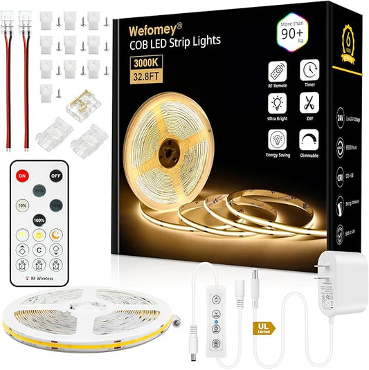 COB LED Strip Light Warm White, 33ft Dimmable 3000K Super Bright White Led Lights Strip with RF Remote and UL Power Supply, 24V Flexible LED Tape Light for Bedroom, Kitchen, DIY Lighting