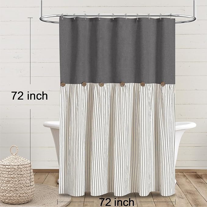 Awellife Farmhouse Grey Shower Curtain Button Linen Textured Woven Fabric,Pleated Grey Stripe,Country Style,72x72 Inch