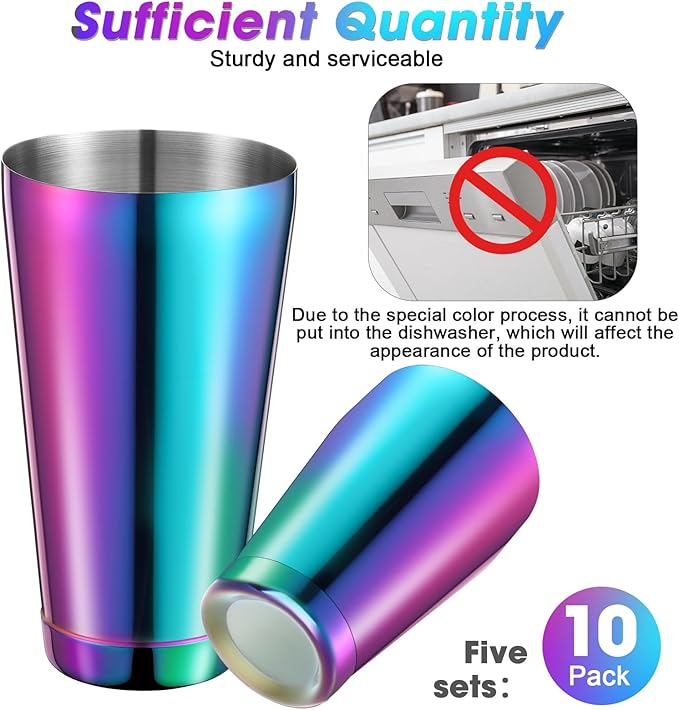 Lallisa 10 Pieces Cocktail Shakers Professional Bar Boston Shaker Set Stainless Steel Martini Shaker Drink Mixer Basic Tools Weighted Shake Metal Can for Bartenders, 18 Oz, 28 oz(Rainbow)