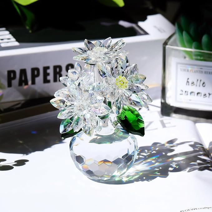 Enjinkail Handmade Crystal Daisy Figurine - Clear Glass Flowers Gifts for Women, Elegant Home Decor & Table Centerpiece