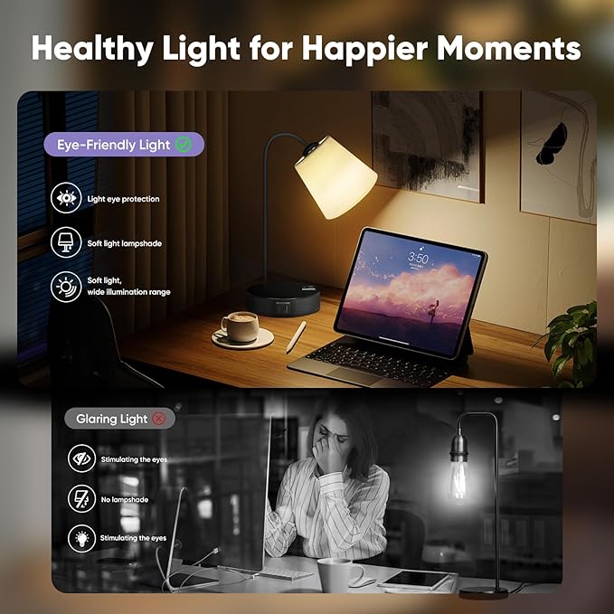 Touch Table Lamps for Bedroom,3 Way Dimmable Bedside Lamp for Nightstand with USB C+A Ports and Outlet,360°Adjustable Desk Lamp with Fabric Shade for Living Room,Home,Office