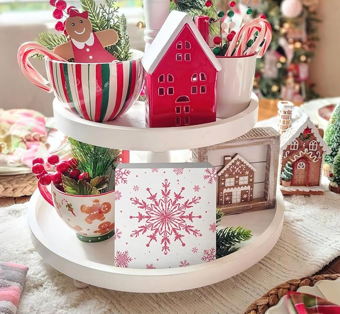 EIONEY Pink Snowflake Wood Box Sign,Christmas Decorations,Winter Christmas Desk Accessories Decor Wooden Block Signs,Seasonal Winter Holiday for Home Bedroom Living Room Office Decor,5x5 Inch