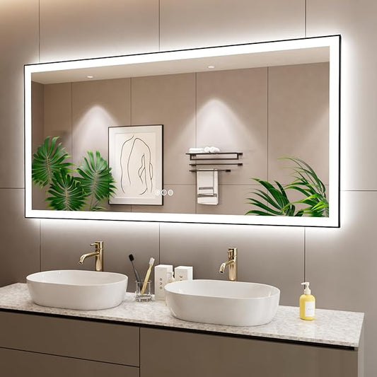 72x40 Inch LED Bathroom Mirror with Black Frame, Backlit and Front Lighted Bathroom Mirrors for Wall, Anti-Fog, Dimmable, Memory, Shatterproof, LED Vanity Mirror for Bathroom