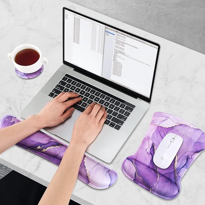 AIMSA Ergonomic Keyboard Wrist Rest and Mouse Pad with Wrist Support Set, Memory Foam Non-Slip Rubber Base, for Home, Office, Easy Typing, Pain Relief, Purple Marble