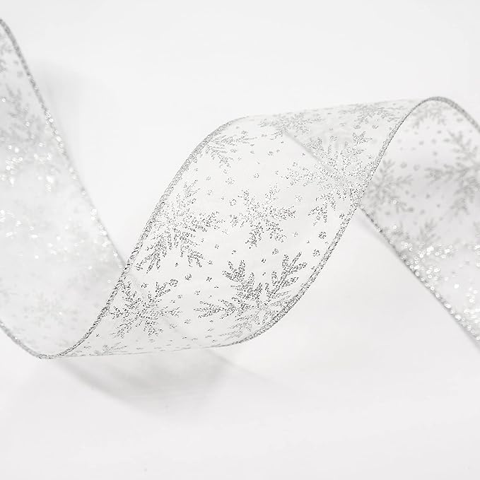 CT CRAFT LLC Organza with Silver Glitter Snowflakes Wired Ribbon 2.5 inch x 50 Yards for Christmas Home Decor Tree Topper Bow Gift Wrapping DIY Crafts Wreath Garland Wedding
