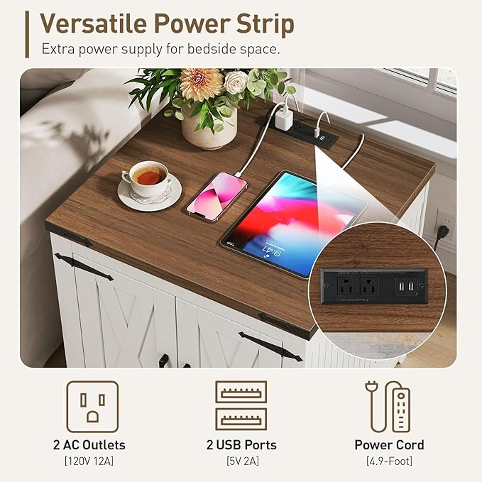 Farmhouse Side Table, Large End Table with Charging Station, Sofa Side Table with Adjustable Shelf and Barn Door, Wooden Nightstand for Living Room, Bedroom, Office, White and Walnut