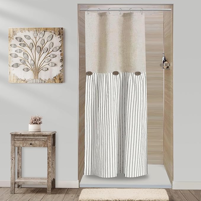 Awellife Farmhouse Beige Shower Curtain Button Linen Textured Woven Fabric,Pleated Grey Stripe,Country Style,36" W x 72" L