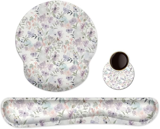 Ergonomic Keyboard Mouse Pad Wrist Rest Support Set for Laptop/Computer/Desktop,Memory Foam Hand Rest Wrist Cushion for Gaming/Office,Lightweight Comfortable & Pain Relief (Purple Flowers)