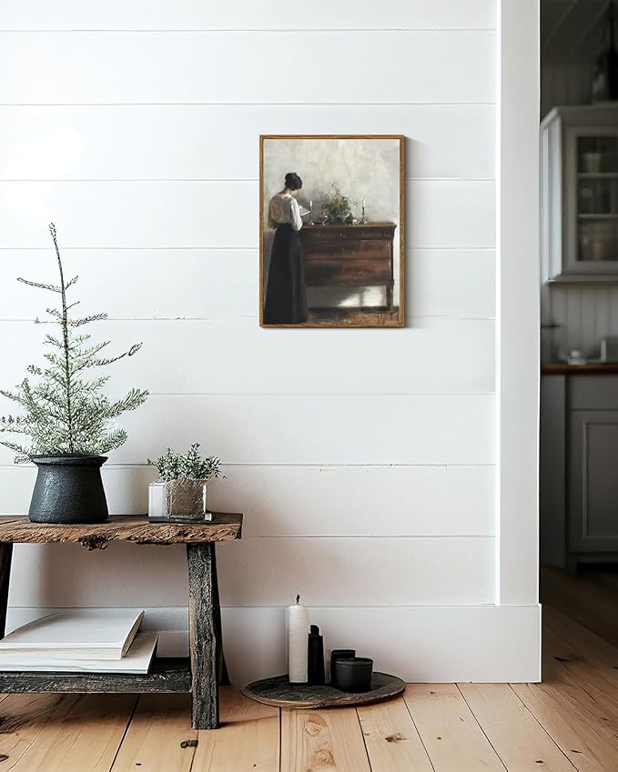 VIYYIEA Framed Wall Art Vintage Decor, Classical Reading Woman Portrait Painting, Retro Bathroom Decor, Framed Canvas Print Artwork for Bedroom Farmhouse, 12"x16"