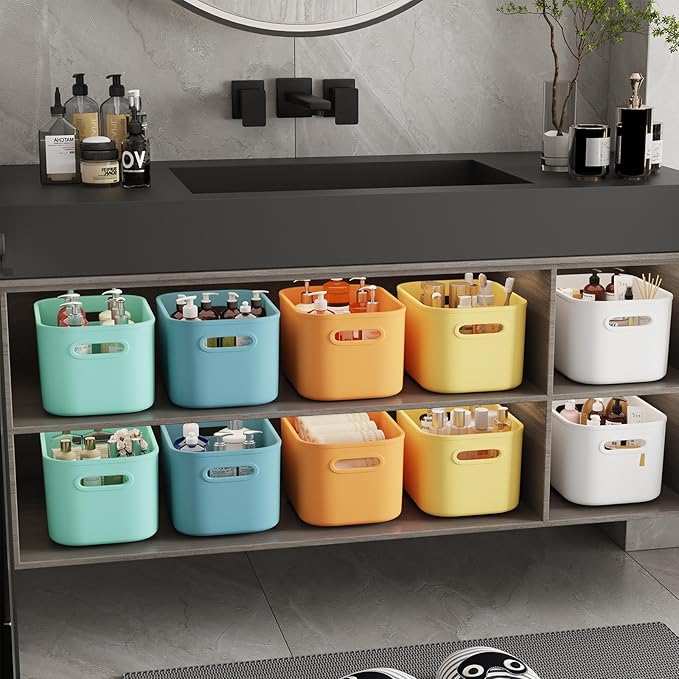 10 Pack Colorful Plastic Storage Bins, Storage Container for Organizing, Colored Storage Boxes with Handle for Shelves, Cute Organizer Bins for Craft, Snacks, Cabinet, 9.69x6.7x5.7 inch