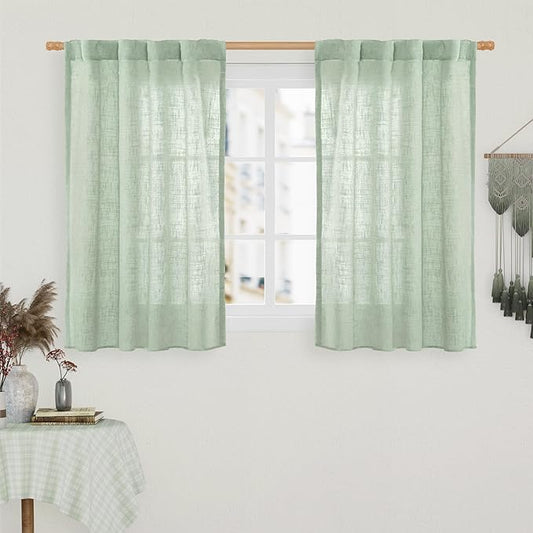 LAMIT 40 Inch Length Linen Curtains for Small Windows, Semi Sheer Light Filtering Panels Back Tab and Rod Pocket Neutral Drapes for Basement/Window/Loft Room, Fresh Green, 2 Panels, 34 x 40 Inch