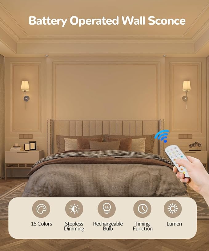 Battery Operated Wall Sconce Set of 2,Rechargeable Wall Lights with Dimmable Detachable Bulbs and Remote,15 Colors Wireless Wall Lamps for Bedroom Living Room Hallway,Nickel(2 Pack)