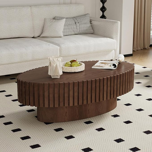 Oval Fluted Coffee Table Mid Century Modern Coffee Tables with Handcrafted Relief Ellipse Drum End Table Rustic Industrial Center Tables for Apartment Living Room (Brown Oval)