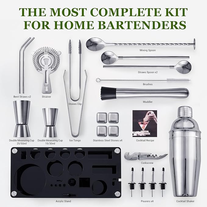 Cocktail Shaker Set, 23-Piece Stainless Steel Bartender Kit with Acrylic Stand & Cocktail Recipes Booklet, Professional Bar Tools for Drink Mixing, Home, Bar, Party (Include 4 Whiskey Stones)