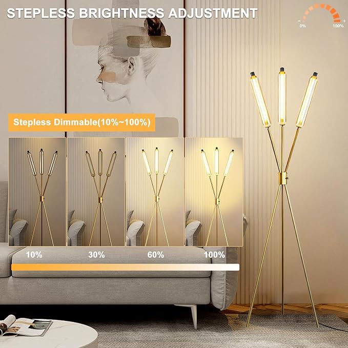 Lightdot LED Tripod Floor Lamps for Living Room, Stepless Dimmable(10-100% Brightness) Modern Standing Tall Lamp with 360° LED LampHead,Mid Century Industrial Floor Lamp for Bedroom-Gold