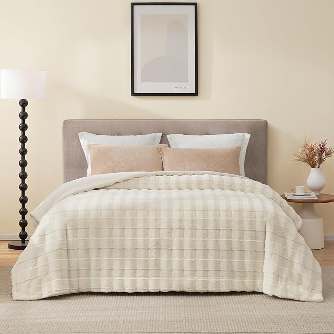 Cozy Bliss Fluffy Faux Fur Blanket King Size for Bed, Fuzzy Soft Striped Plush Blanket, Thick Throw for Bedroom Couch Gift, 108x90 Inches Cream White