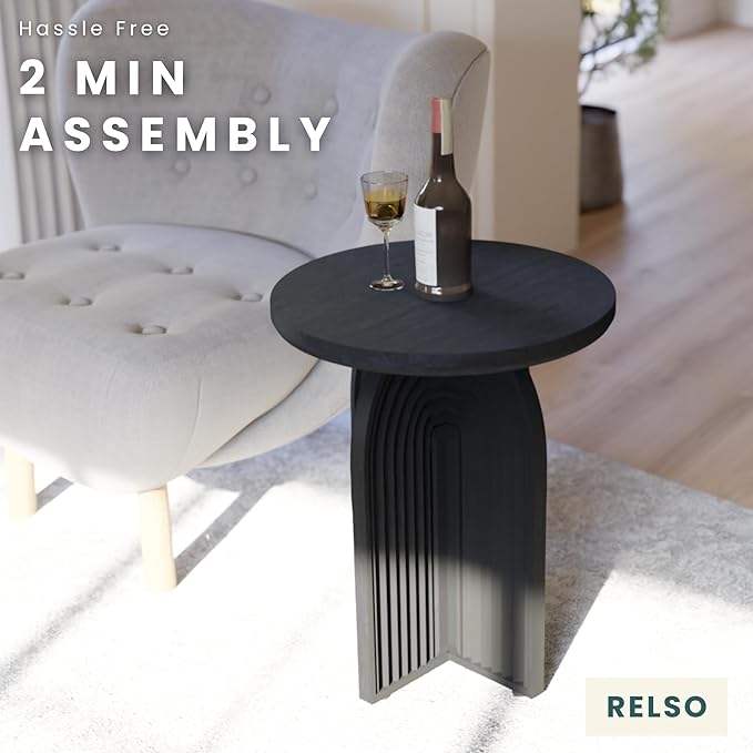 Relso Charon End Table - Round Black Mango Wood Side Table for Bedroom, Living Room | Small Nightstand, Versatile Bedside Table, Coffee Table | Modern Home Decor, Easy Assembly, Sturdy Accent Table