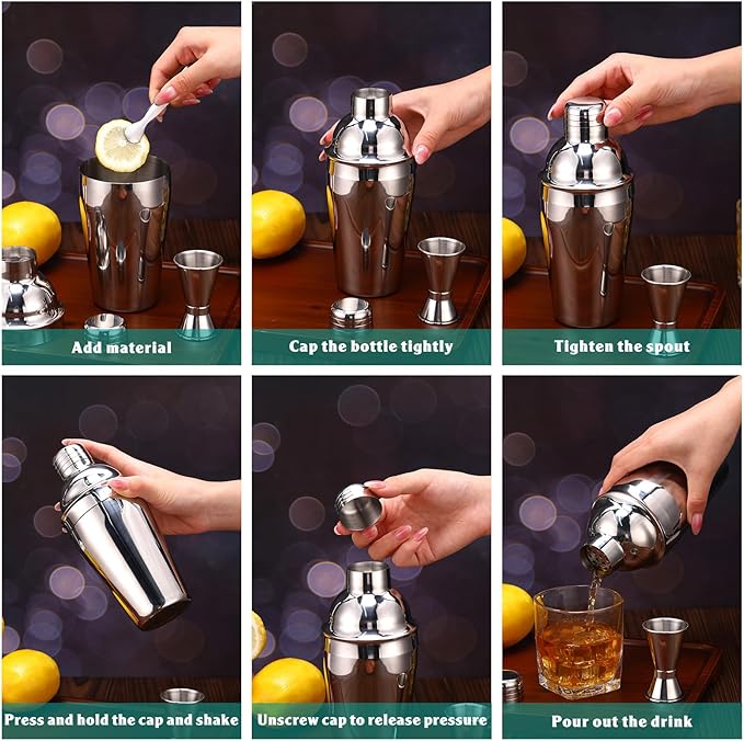 8 Packs Cocktail Shaker Set Martini Shaker Bulk Stainless Steel Martini Mixer with Strainer and Double Measuring Jigger for Bar Party Home Use Wine Bar Mixing Tool (18 Oz/ 550 ml)