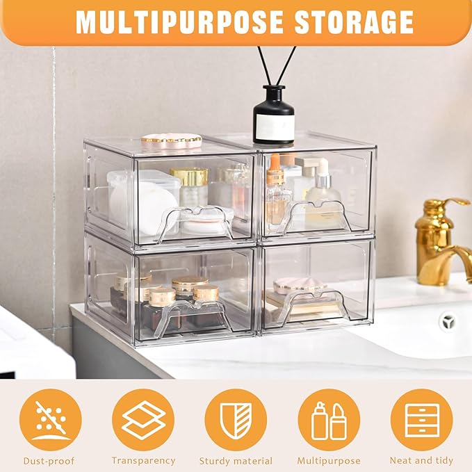 6 Pack Stackable Makeup Organizer, 4.4'' Tall Acrylic Bathroom Makeup Organizer and Storage Drawer with Pull-out Handle, Clear Plastic Storage Bins for Vanity,Pantry,Desk,Undersink,Kitchen