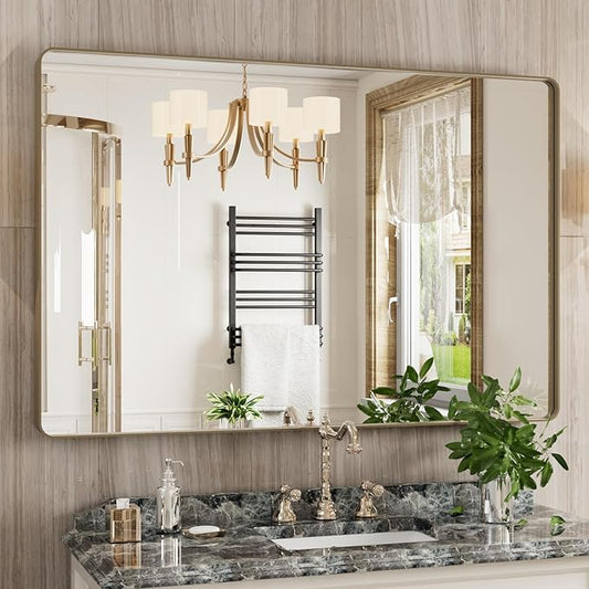 Bronze Bathroom Mirror 48x32 Inch, Brushed Bronze Metal Frame Mirror for Wall, Rounded Rectangle Bathroom Vanity Mirror with Tempered Glass, Anti-Rust, Horizontal/Vertical