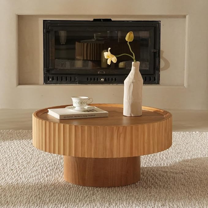 Round Coffee Table, Modern Living Room Tables with Mushroom Shape and Grooved Design, Large Coffee Tables, Circle Pinewood Center Table for Living Room (Nature Wood, 30.3''L×13.7''H)
