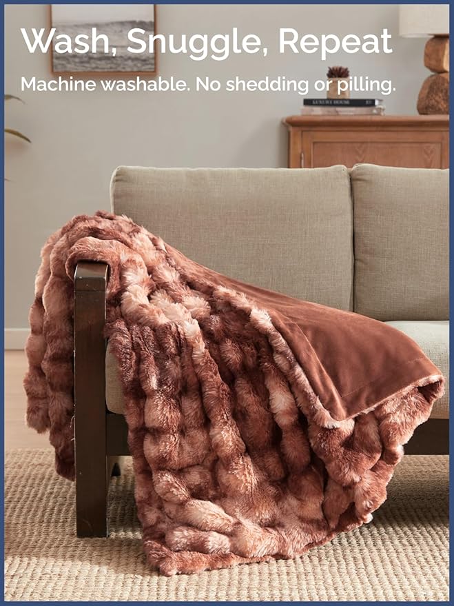 Fluffy Blanket Throw Size - Faux Fur Throw for Couch or Bed - Plush Soft Extra Thick Faux Fur Rabbit Blanket - Comfy, Fuzzy, Warm & Breathable - Luxury Minky Tie Dye Bedding - 50" x 60", Marble Brown