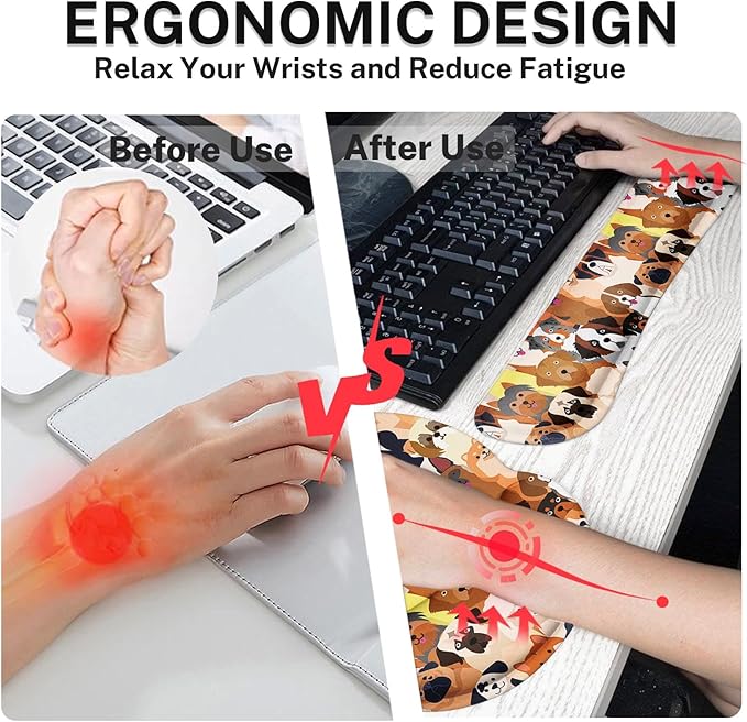 Britimes Ergonomic Mouse Pad Set with Wrist Rest Colorful Doodle Dogs Non-Slip Rubber Base Wrist Cushion Support and Coasters Mousepad with Wrist Support for Computer Keyboard and Desk