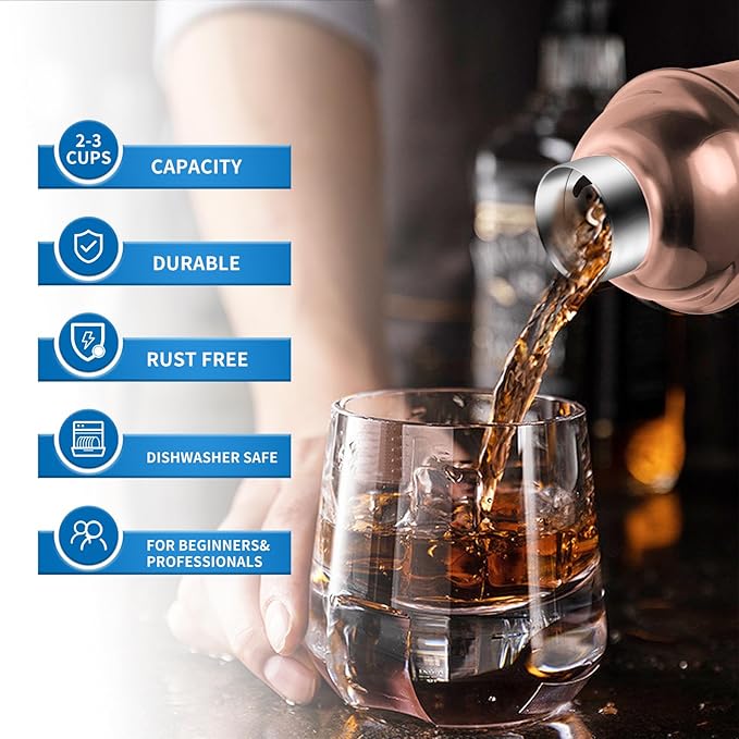 24oz Cocktail Shaker Bar Set, Martini Shaker with Built-In Strainer, Measuring Jigger, Mixing Spoon, Professional Stainless Steel Large Bartender Drink Shaker Margarita alcohol Mixer-Rose Gold