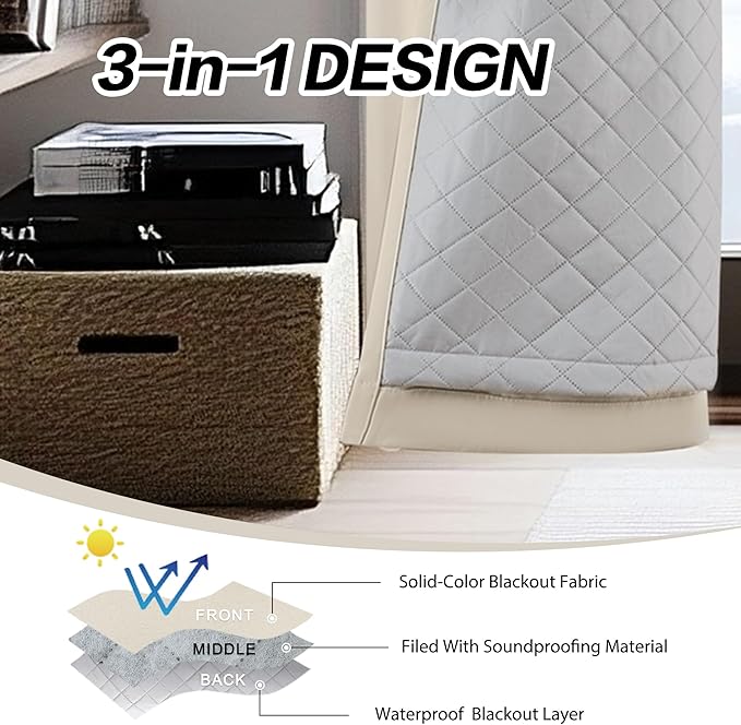 3-in-1 100% Beige Blackout Curtain Heavy Soundproof Curtains Single Panel - Thermal Insulated Grommet Curtains 96 Inches Long for Bedroom Living Room