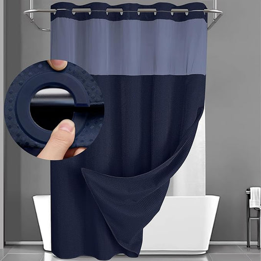 YellyHommy No Hook Shower Curtain with Snap in Liner Set Less Time Blue Waffle Shower Curtain for Bathroom 75" L x 78" W