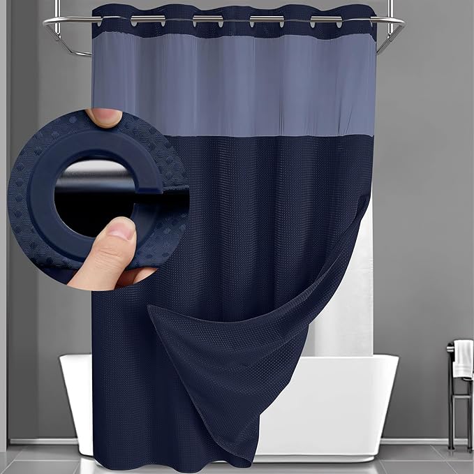 YellyHommy No Hook Shower Curtain with Snap in Liner Set Less Time Navy Blue Waffle Shower Curtain for Bathroom 81" L x 72" W