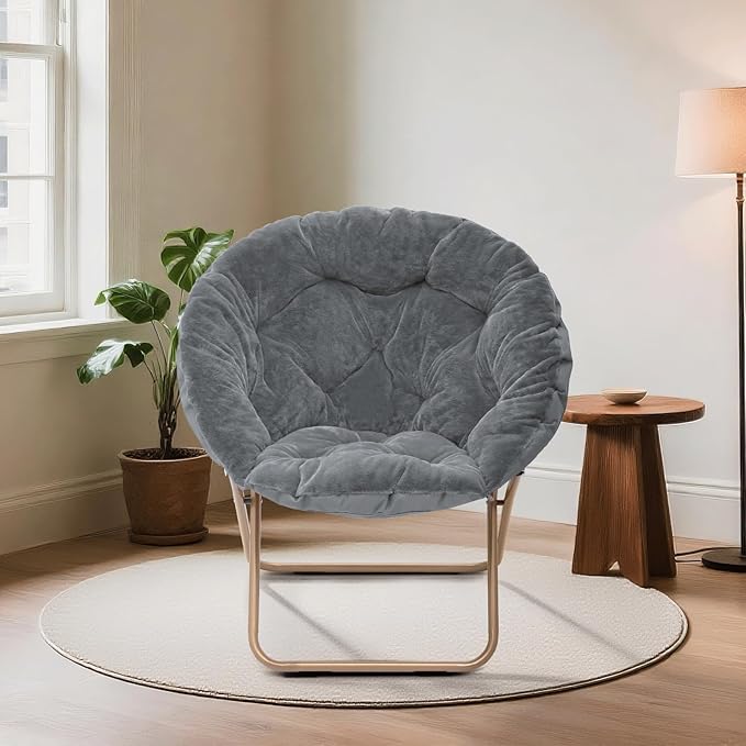 Magshion Saucer Chair for Adults, Comfy Living Room Lounge Chair for Bedroom Corner, Dorm, Apartment, Faux Fur Fluffy Circle Accent Seat with Thick Padded & Folding Metal Frame (Grey)